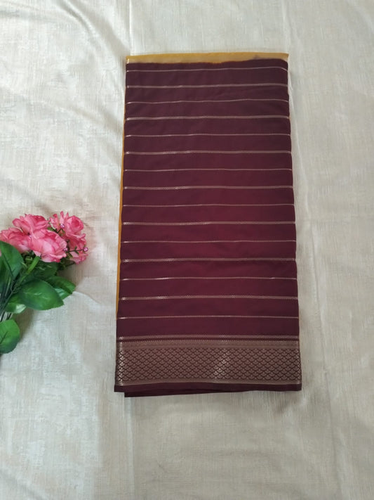 Maroon with Yellow Half n half semi Mysore crepe silk saree