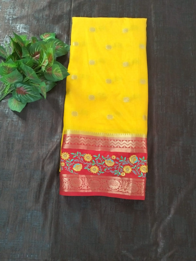 Yellow with Red border Mysore Semi Crepe silk saree