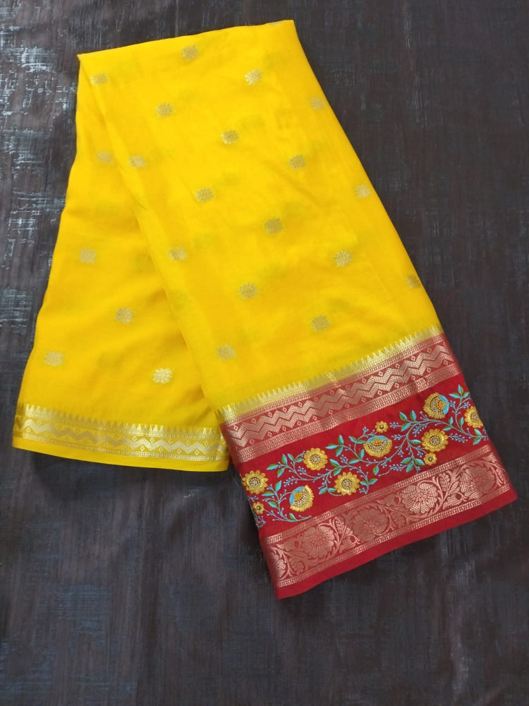 Yellow with Red border Mysore Semi Crepe silk saree